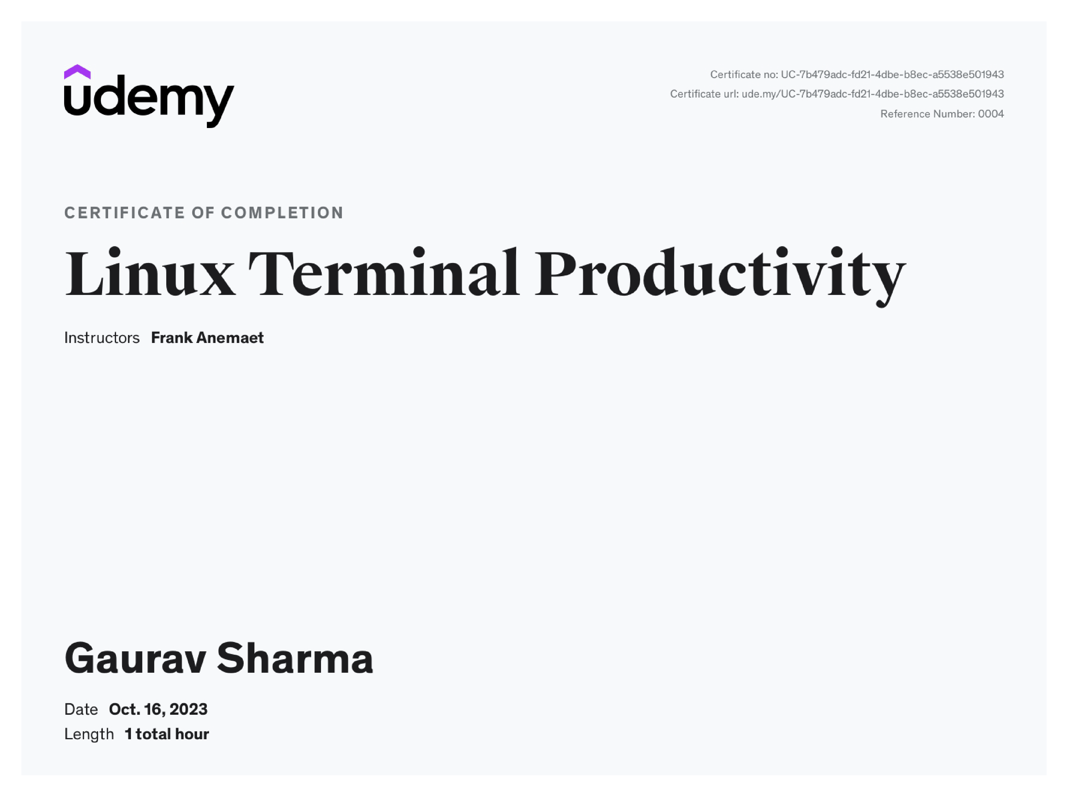 Linux Terminal Productivity Certificate From Udemy